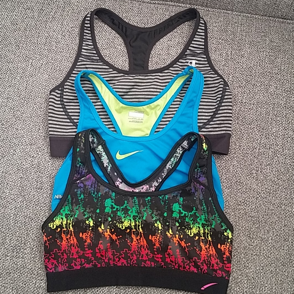 Three different brands of workout bras